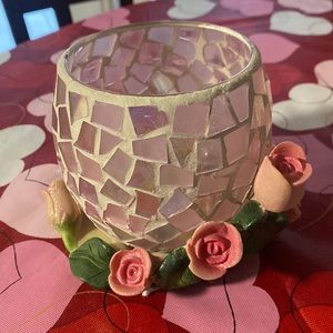 Rose mosaic, candle holder, pink, 4 inches